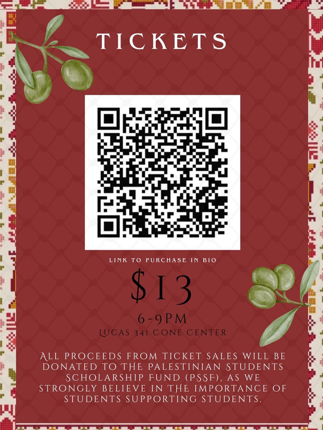 Henna Falastiniya tickets flyer, proceeds to the Palestinian Students Scholarship Fund