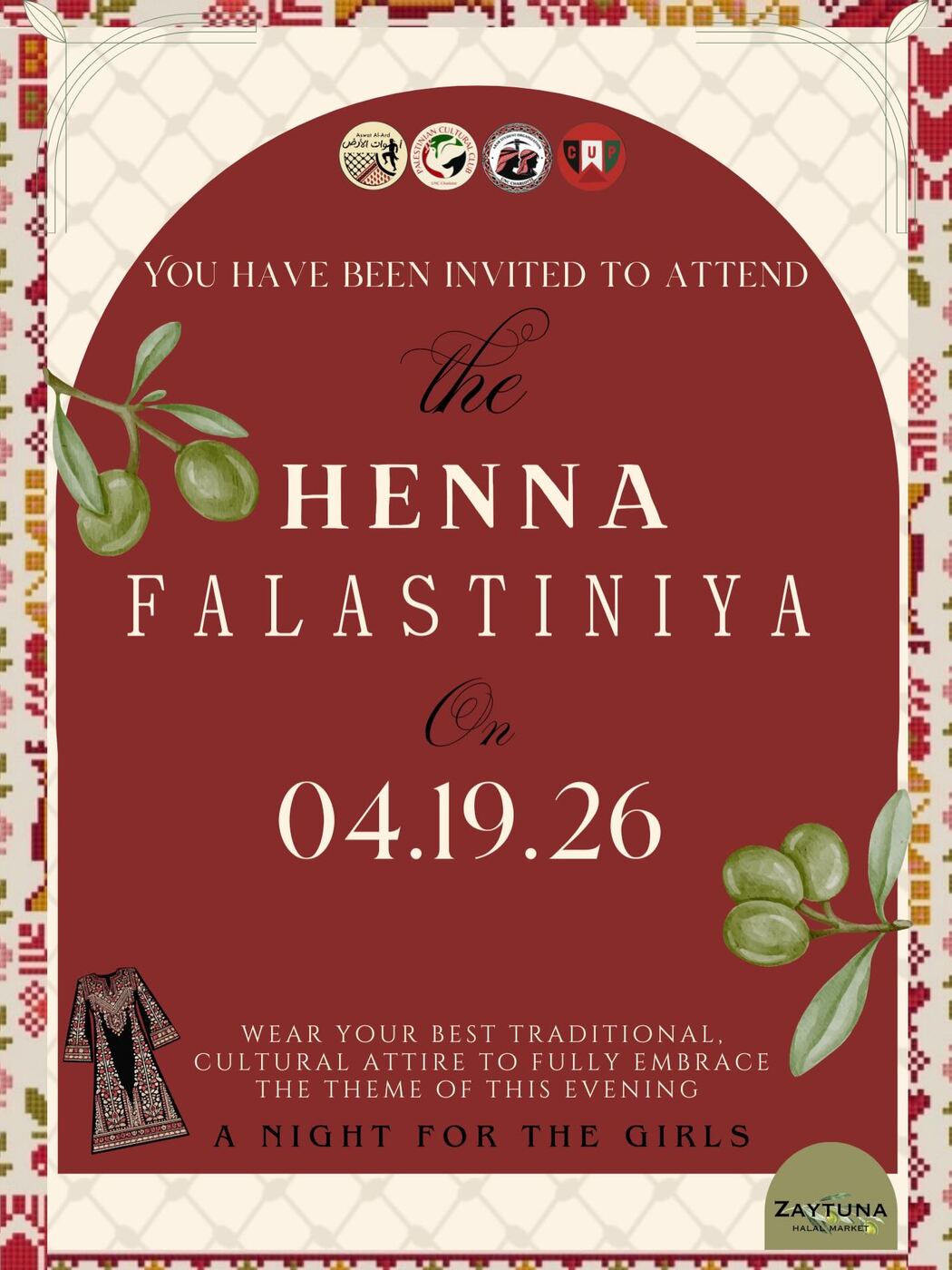Henna Falastiniya invitation flyer, a night for the girls, April 19 2026